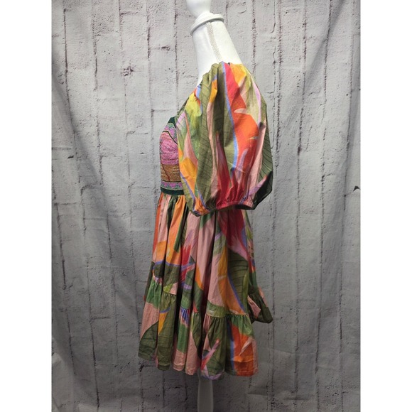 Farm Rio Mini Dress Beaded Garden Puff Sleeves Tiered Sz S Beach Festival Colorf - Picture 4 of 12